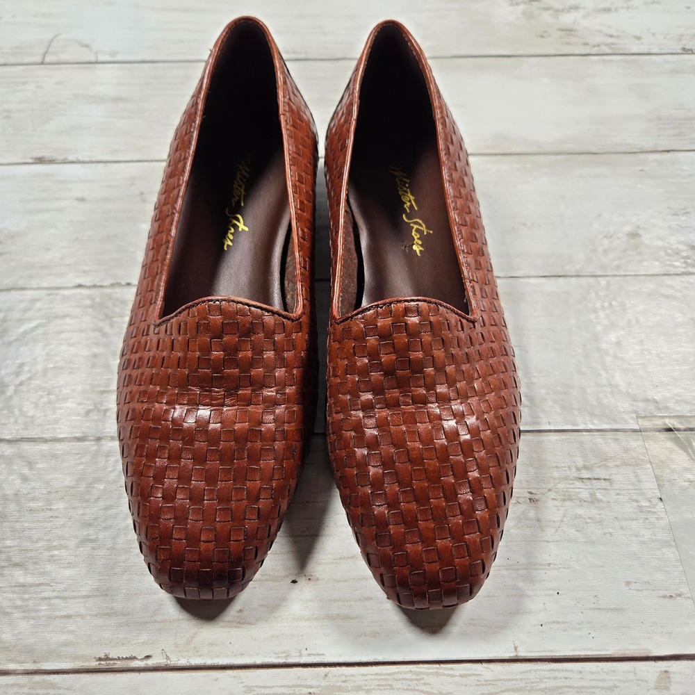Mister Shoes Woven Leather Loafers Flats Women 7.5M Cognac Brown Basketweave